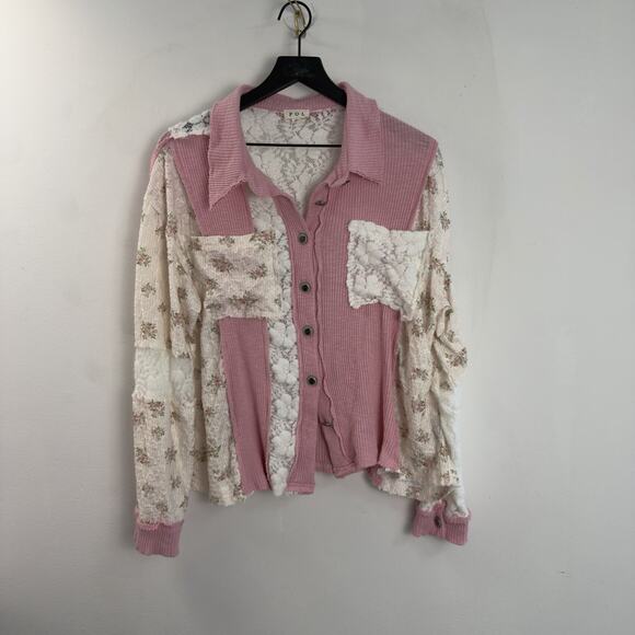 POL Tops - POL Women's Cream Button Down Lace Oversized Floral Shirt Size M